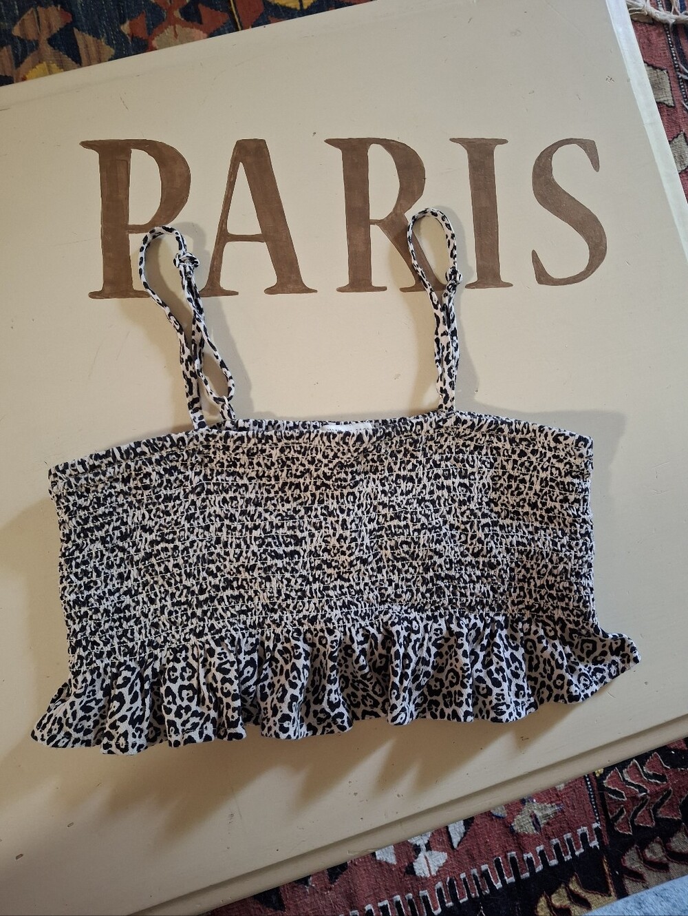 American Eagle Smocked Leopard Print Ruffle Crop Top - White/Black XS